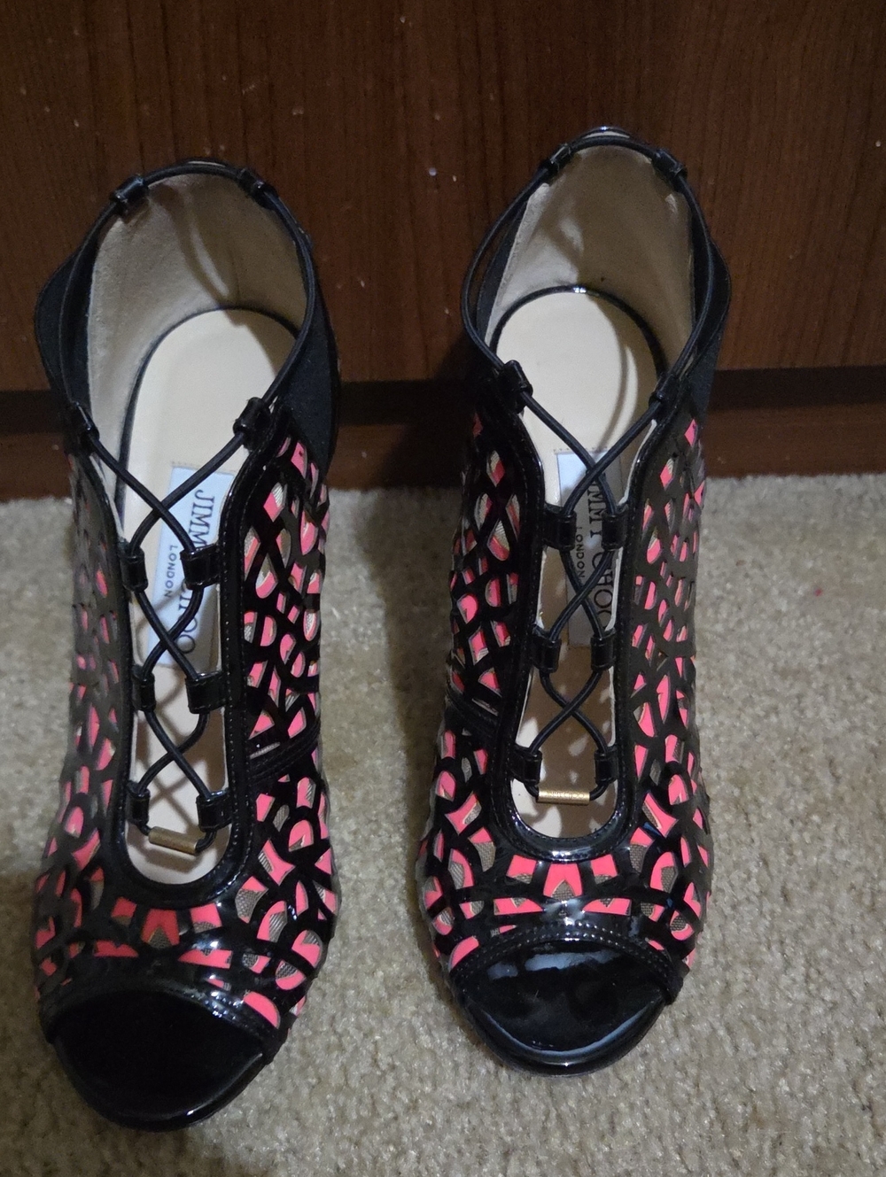 Jimmy Choo Black Laser-Cut Lace-Up Peep-Toe Heels with Pink Underlay